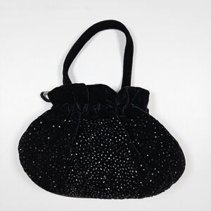 Lancome Black Velvet Beaded Small Evening Shoulder Purse Handbag Rope Strap
